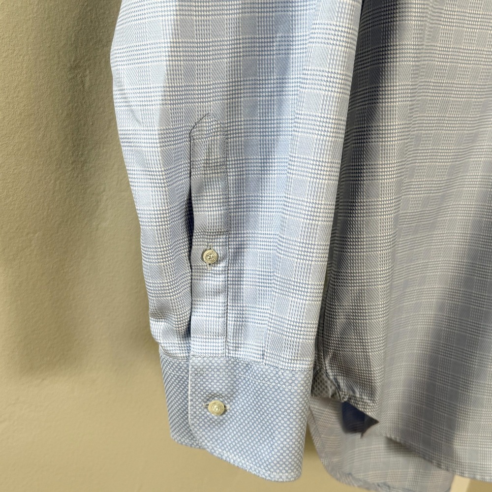 ETRO‎ Luxury Dress Shirt 46 Blue Textured Micro-Check Contrast Spread Collar - Picture 4 of 12